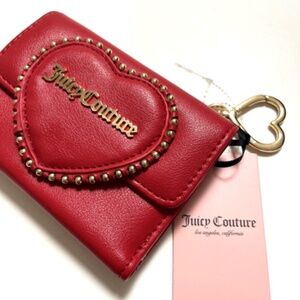NWT JUICY COUTURE Heart Double Sided Trifold Wallet Red PU Love Keychain Love